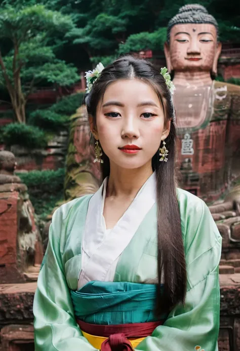 a girl in hanbok, pretty face, bust, standing in front of the leshan buddha in the background, film camera, fuji, photographic p...