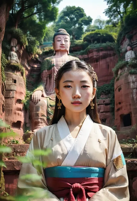 A girl in hanbok, beautiful face, bust, background Leshan Buddha, standing in front of Leshan Buddha, film camera, Fuji, photographic print, cinematic tones, surrealism, extremely detailed, 3D rendering, divine light