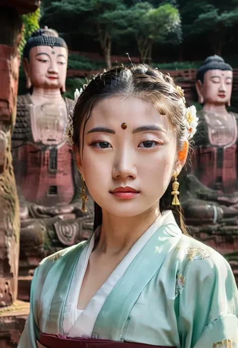 A girl in hanbok, beautiful face, bust, background Leshan Buddha, standing in front of Leshan Buddha, film camera, Fuji, photographic print, cinematic tones, surrealism, extremely detailed, 3D rendering, divine light