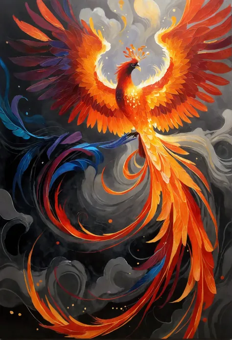 imagine an awe-inspiring depiction of a vibrant and fiery phoenix, its wings spread wide, brilliantly rising from a picturesque ...