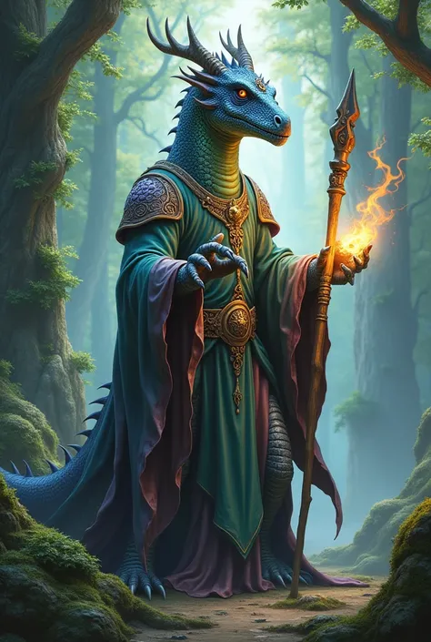 a broad-headed ombre dragon dressed as a druid with spells in hand