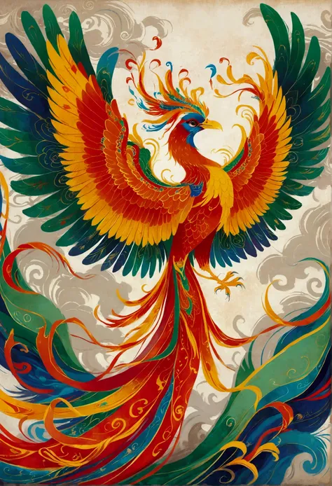 a traditional chinese phoenix, known as fenghuang, in full display. this bird is characterized by its vibrant blend of red, gree...