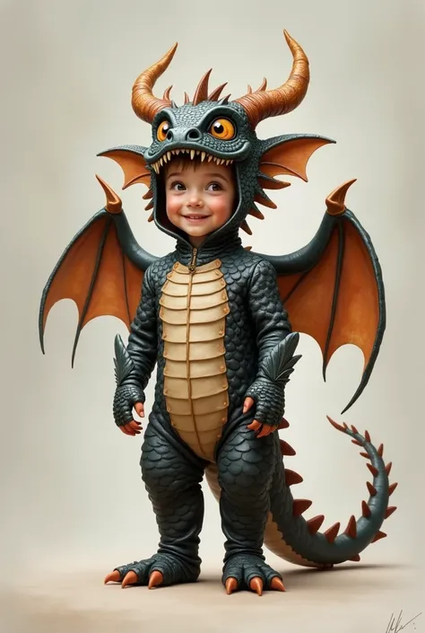 Realistic full-body portrait of a  child standing wearing a dragon costume