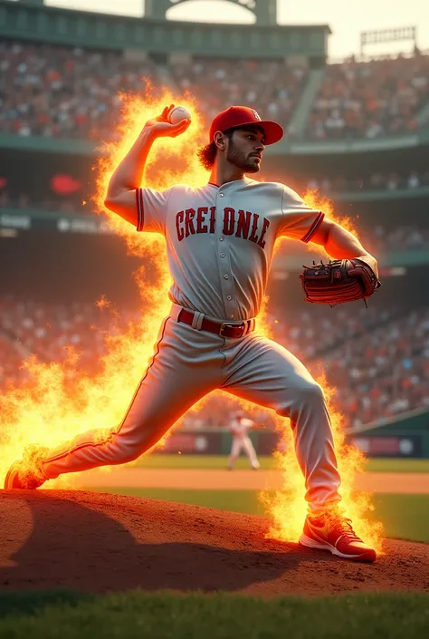 A baseball player throws a ball with fire