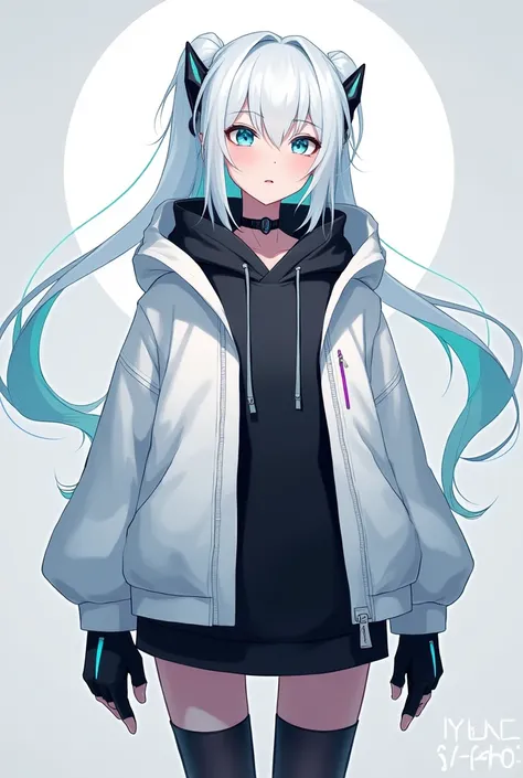 As a 2d person with a white yutu jacket on the chest, white hair, black sweatshirt, asul eyes, black animated gloves 