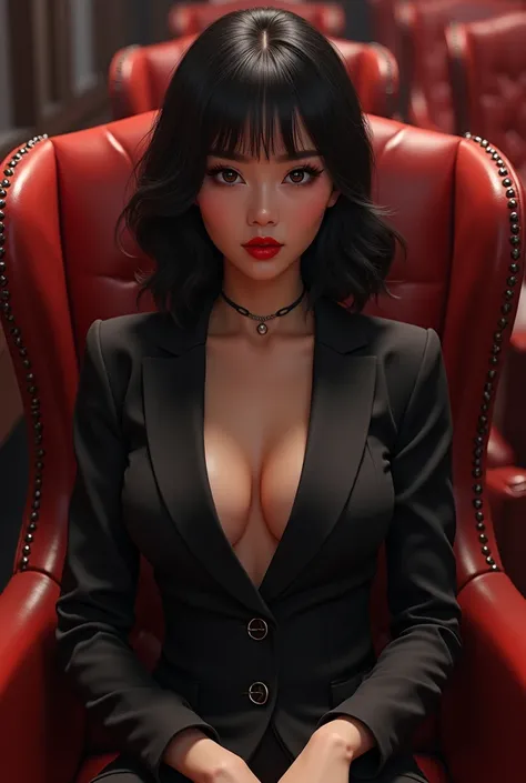 Mafia korean girl sitting in the chair with red lipstick. Semi animated but 3D. Dont show the cleavage please