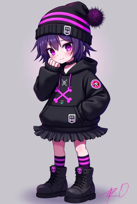 Uzi takes on the appearance of a short Worker Drone with neon purple and magenta eyes and short, dull purple hair. She wears a black striped beanie with a glittery bobble at the tip, and black boots with long, dark purple striped socks. She also wears a bl...