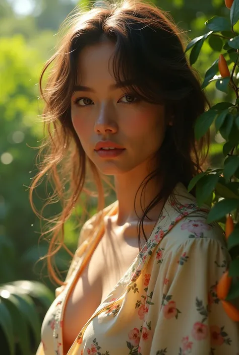 ch4rl1 in a lush tropical garden, wearing an open shirt with a floral print, with a close-up capturing the harmonious beauty between her breasts and the natural flowers, showing off your natural charm and outgoing personality.