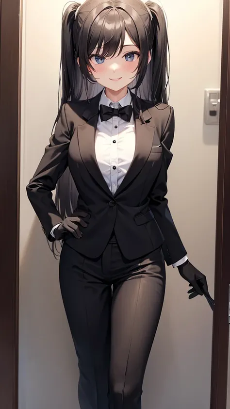 Woman in black suit　tie　smile　Black gloves