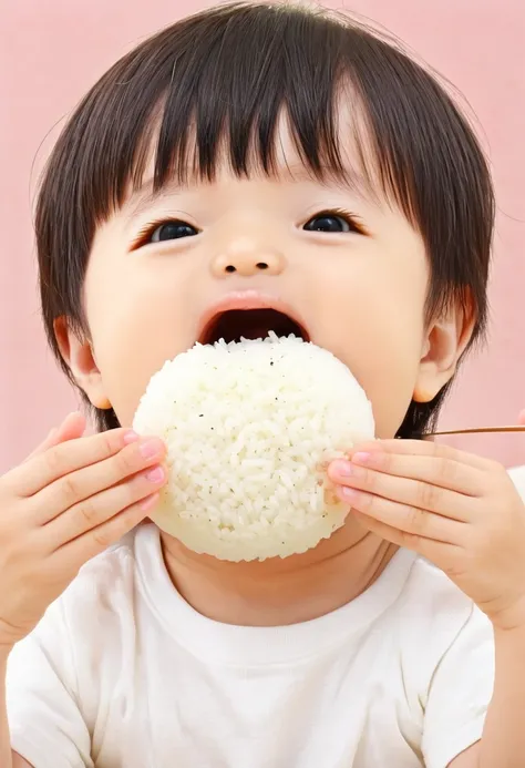 image of a person holding a rice ball (rice ball) open your mouth, bring the rice ball to your mouth、toddler and man、