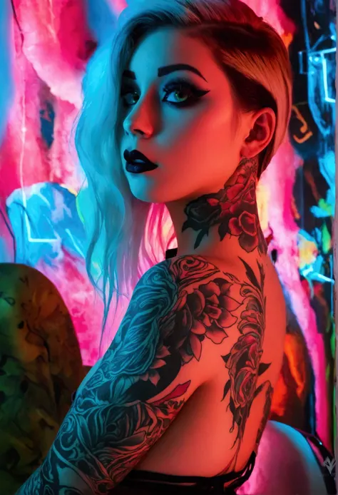 create a hyper detailed photograph of a cyber sigilism tattoos thick young sexy goth girl, stunningly perfect gorgeous soft femi...