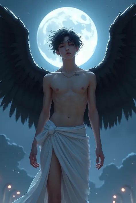 angel  boy age 16 shirtless sexy abs plumpy lips, sexiext Nipples with 4 cm diameter ,with a virginity tattoo at the belly, with 4 big black wings,White skin,hunter eyes, White Gradation silver,Wearing a plain white skirt, In The Night Skies Illuminated by...