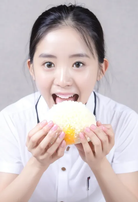 image of a person holding a rice ball (rice ball) open your mouth, bring the rice ball to your mouth、male student