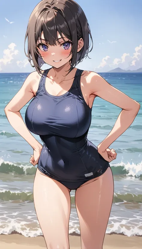 high school girl　beauty　bobcut　smile　embarrassing　blush　school swimsuit　big breasts　armpits　hands on hips　beach　photograph the w...