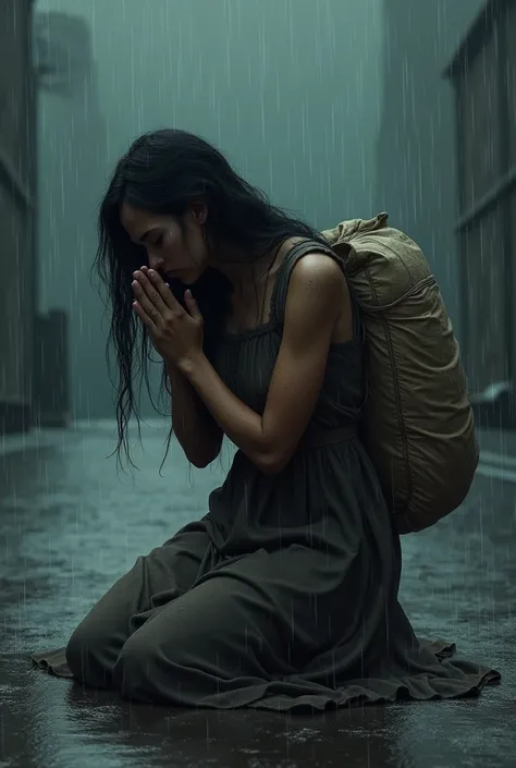 A woman is kneeling praying to God carrying her load in the rain and she is crying in pain 
