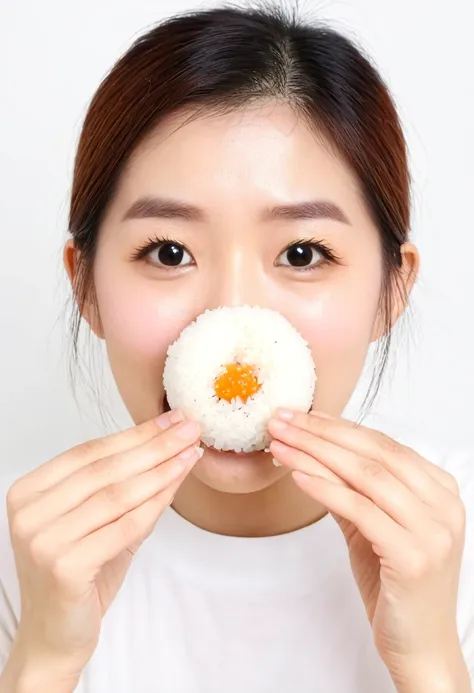 image of a person holding a rice ball (rice ball) open your mouth, bring the rice ball to your mouth、juvenile