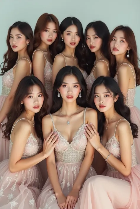 Female kpop group wearing elegant dresses and jewelry on fashion cover