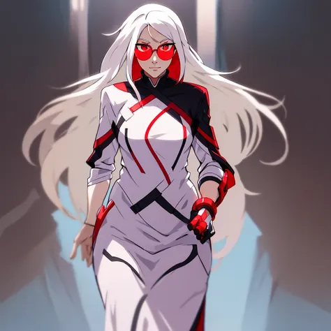 white hair, black hair streaks,  long, beautiful, dull grey peach skin,  red eyes, white pupils, circular glasses, standing, han...