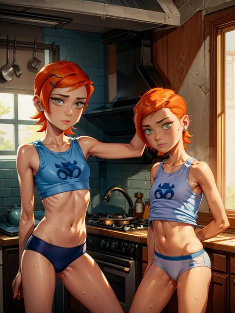  (masterpiece) High Resolution 8K HD Gwen Tennyson Short Orange Hair, Blue sleeveless shirt reaches to the navel, Below she is wearing only black underwear covered in sweat on a hot day in a kitchen. In detail 