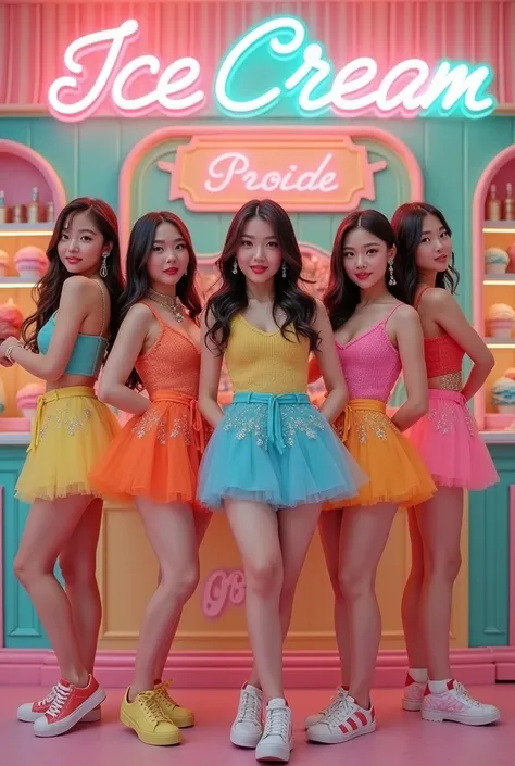 Girl kpop group, with five girls in colorful dresses in an ice cream shop setting 