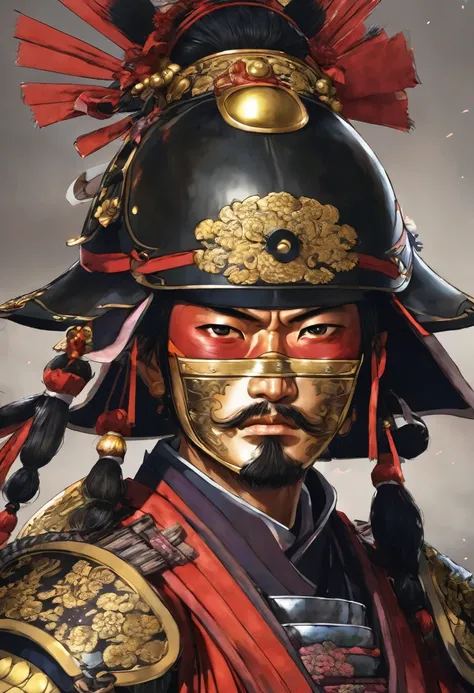 sengoku warlord with samurai sword、eye patch、japanese armor、