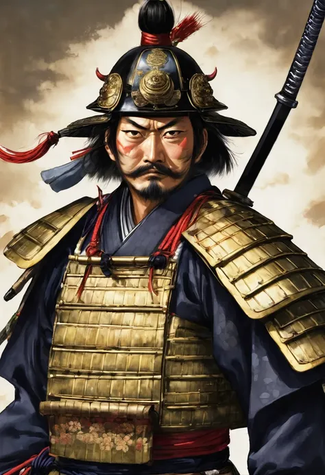 sengoku warlord with samurai sword、eye patch、japanese armor、