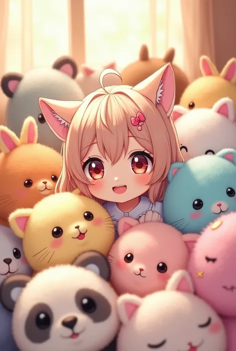 Design an anime girl with cat ears that is cute and surrounded by stuffed animals
