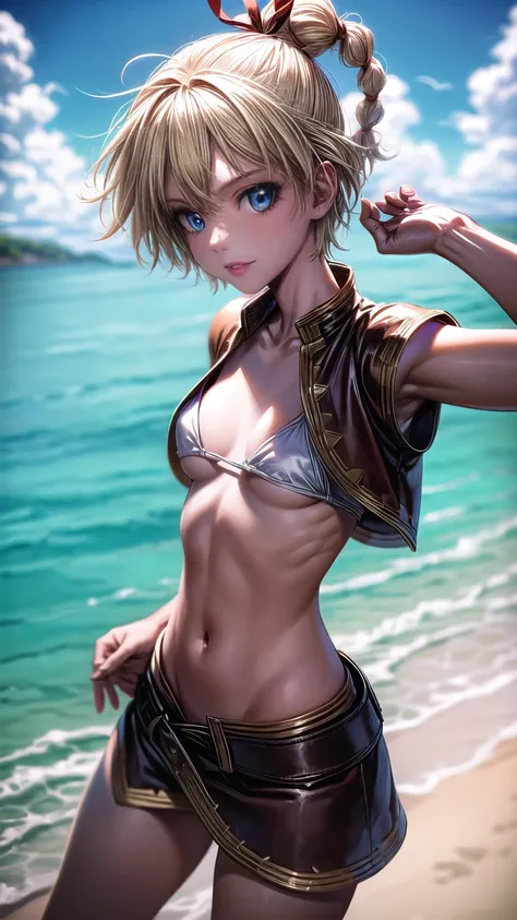 1 adult woman, character "kid" from chrono cross, 20 years old, (mature face), making various facial expressions, yellow hair in a high braided ponytail, (medium-small bust:1.4),standing on white sandy beach, in various fighting poses, fitted jacket 3/4 cr...