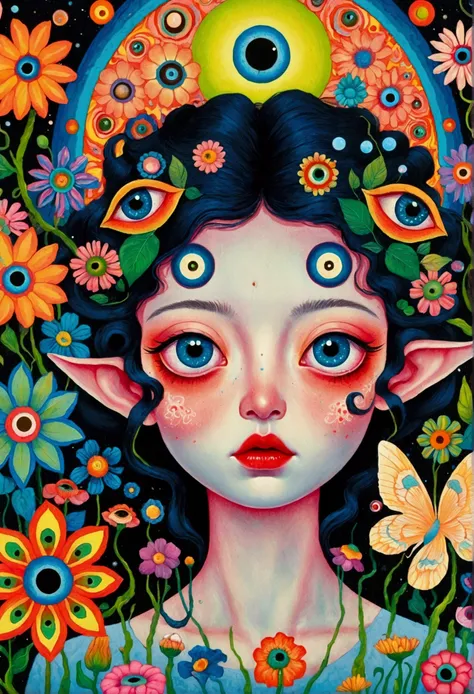 a poster，there is a flower with big eyes on it，surrounded by flowers, psychedelic illustration, beeping sounds and james jean, s...