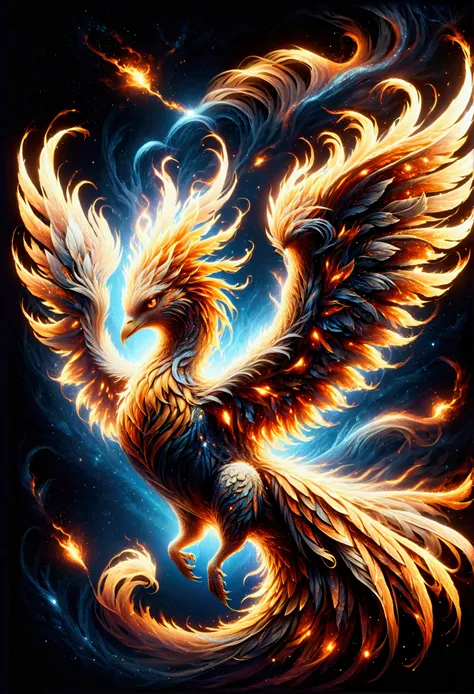 illustration of a flaming phoenix flying through the night sky, burning phoenix, flying backwards scattering particles of flame,...