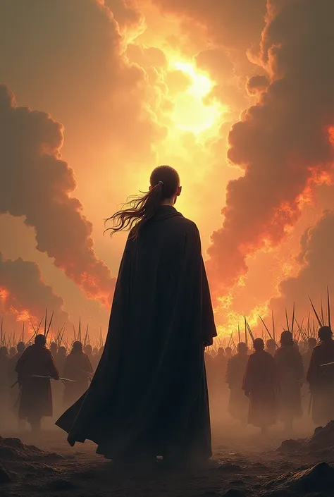 A young man with his back turned, with long hair tied in a ponytail and wearing black robes, He looks so relaxed despite the view in front of him, where you see a war of all kinds of races, while the sky is cracked and there are flames all over the place 