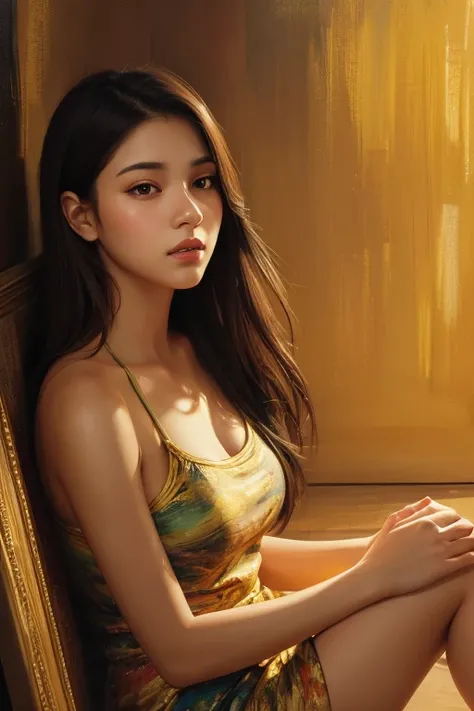 A three-dimensional oil painting on rough canvas, done with a complex technique of palette knife and wide smear patterns. Digital Painting Portrait of a Beautiful Young Woman, She is sitting on the floor, She is watching you, Room breeze, Golden glow, Dim ...