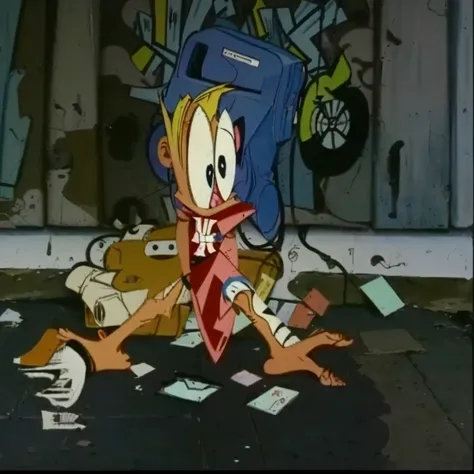 Cartoon character with a broken leg and a torn wallet., Loony Toons style, Ren y Stimpy style, 1990s cartoons, Ren y Stimpy, 90s cartoons, gadget key, 90s cartoons, por Hanna-Barbera, Loony Toons, screen cover, drawn, Cartoons of the 80s