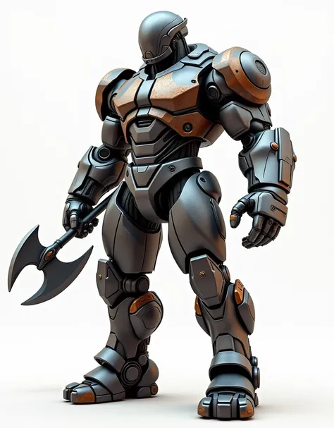 Generate a concept in AI，AI，Half Body，Mecha like Marvels Hulk full color shine graphite and rust armor, cyberpunk hi tech helmet, Technology，Surreal, laser axe in right hand, and transparent laser shield in left hand, white background