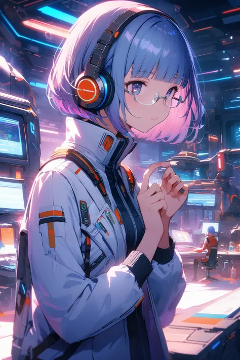 (extremely detailed fine touch:1.3), Vibrant colors, Soft tones, With warm and gentle lighting, girl, solo, (((silver semi-rimless eyewear:1.3))), (headphone:1.0), short hair, blunt bangs, Faithfully recreates the gesture of putting on glasses, Futuristic,...