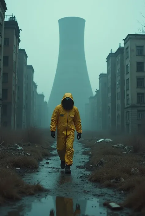 Photo of the destroyed city of CHERnobyl with the rector in the background and a man in a radiation suit walking towards the front 