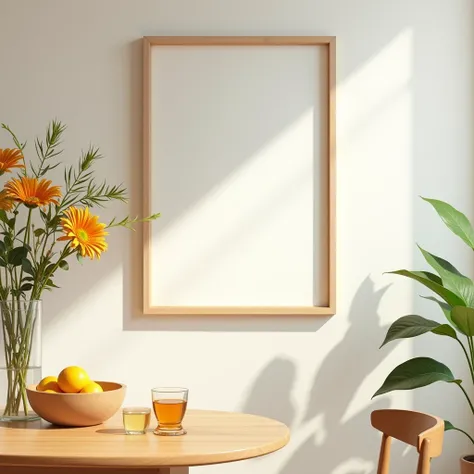 Create a warm, inviting dining area featuring a DIN A ratio frame with a blank white canvas, hanging on a softly lit wall. The frame is wooden with a light natural finish. The scene includes a wooden dining table with a fruit bowl, a glass of water, and a ...