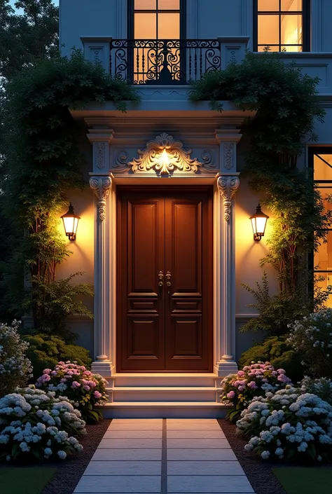 high resolution、8k、Stylish house entrance、Surrounded by flowers、night、Outdoor lighting、