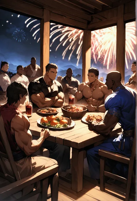 Highest quality、Four muscular men with short hair are sitting around a table laden with food on the porch of an inn、firework、Brown Skin、A fun atmosphere