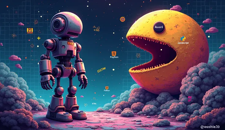 pixel background with robot, computer, ++ in pac-man’s mouth, javascript, python, html and text TiK26 with T and K capitalize