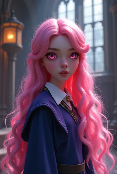  girl,long bubblegum pink hair,pink eyes, parts, full lips,big eyes long eyelashes, childish traits , Ravenclaw, Hogwarts