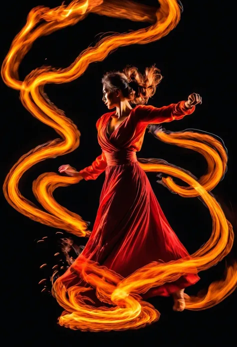 dancer, Flowing contours, Fire Trail, Long exposure effect, Dynamic Movement, spark, smokes, Vivid orange and red flames, Black background for contrast