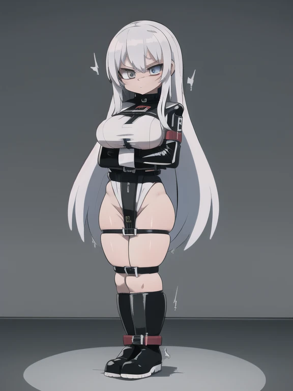 White messy long hair, assasin girl, adult, perfect shape, gorgeous hips,big breast, distressed, backing up from the viewer, cornered, looking away in distress, big shiny black leather boots, arms behind the back, glare, hatred, disgust, perfect body, [[[[...