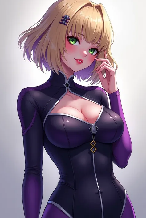 anime blonde purple mesh bob big breasts green eyes uniform