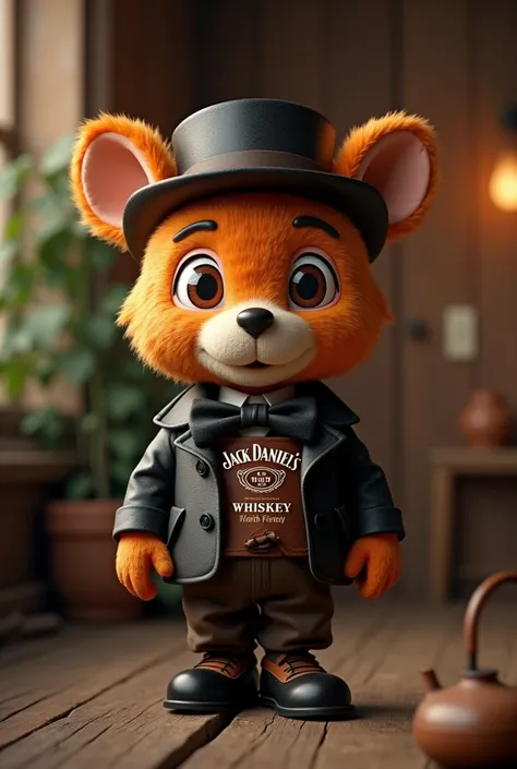 Mascote  em formato do whisky Jack Daniels


