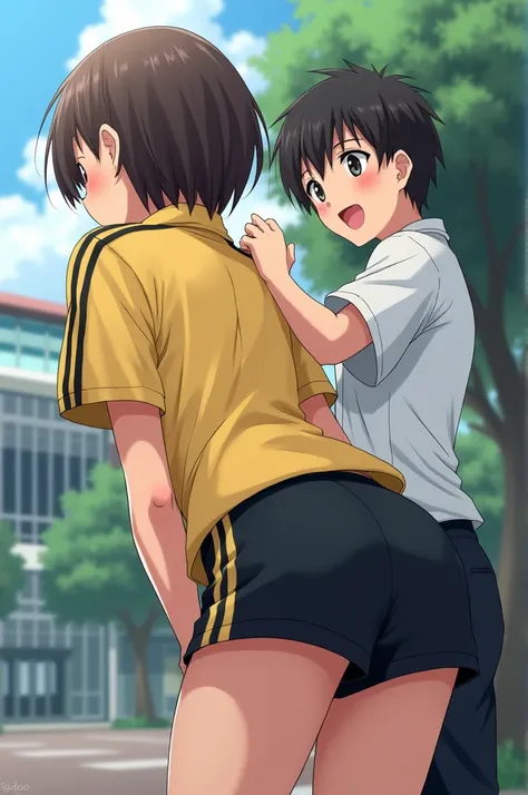 It generates an image of a girl with short hair that reaches her shoulders and a yellow shirt with black stripes on the short sleeves of the uniform with black physical education shorts and she bends down and looks at herself from behind very sexy seen fro...