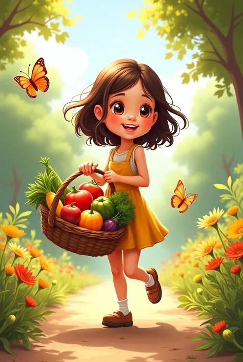 Girl walking carrying fruit and vegetable (cartoon)
