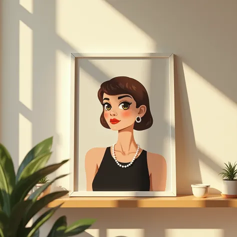 A bright room with a wooden shelf holding a portrait painting in a white frame. The painting shows a stylized woman with large eyes, short brown hair, pearl earrings, and a black dress with a pearl necklace. Sunlight filters in through a nearby window, cas...