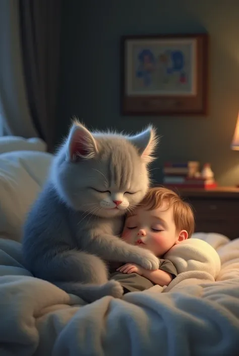 A fluffy cat hugging a little kid whos sleeping in the cats arms