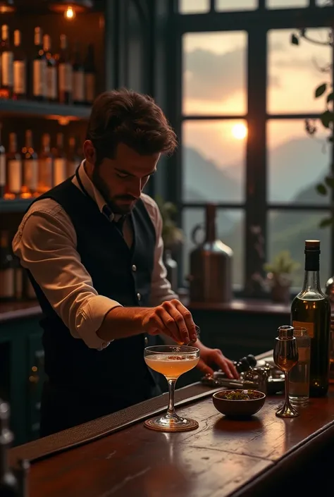 Authentic BAR,( The bartender&#39;s right thumb was amputated at the second knuckle.), steampunk，1800&#39;s Mojito, Spectacular landscapes, , Extremely precise movements, A sublime and delicate work, Cocktail,  masterpiece, 8k, high quality, Hands are a ke...